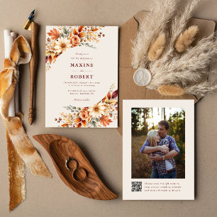 Fall Leaves Autumn Botanical QR Code Photo Wedding Invitation