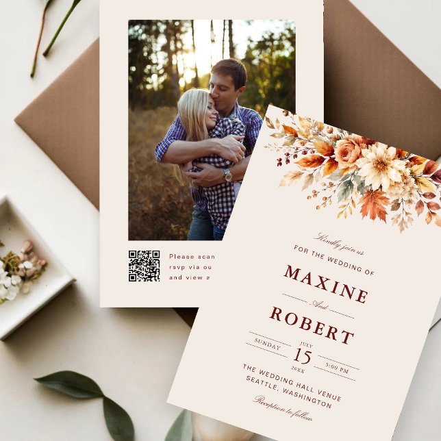 Fall Leaves Autumn Botanical QR Code Photo Wedding Invitation (Fall leaves QR code photo invitation captures your autumn romance with timeless elegance.)