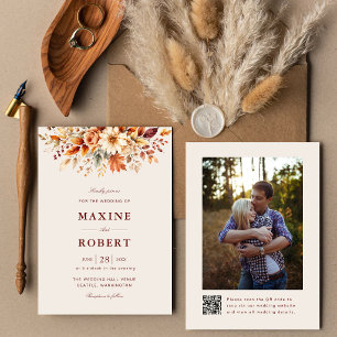 Fall Leaves Autumn Botanical QR Code Photo Wedding Invitation