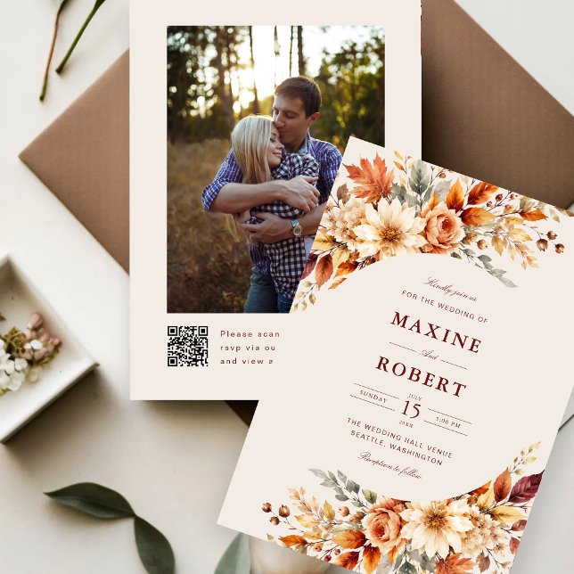 Fall Leaves Autumn Botanical QR Code Photo Wedding Invitation (Fall leaves QR code photo invitation shares your love story with autumn elegance.)