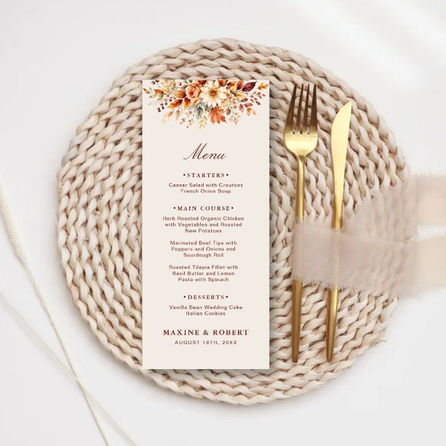 Fall Leaves Autumn Botanical Watercolor Wedding Menu (Fall leaves botanical watercolor wedding menu with warm autumn charm and timeless style.)