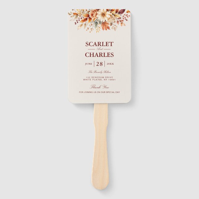 Fall Leaves Autumn Botanical Wedding Program Hand Fan (Front)