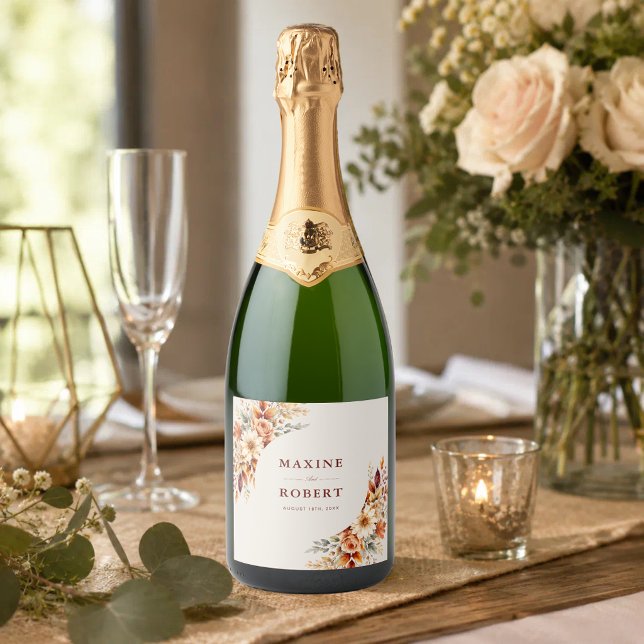 Fall Leaves Autumn Botanical Wedding Sparkling Wine Label (Fall leaves autumn botanical sparkling wine label with warm seasonal charm.)