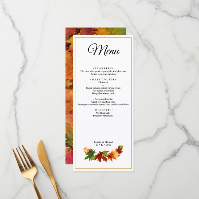 Fall Leaves Autumn Colour Personalise Wedding Menu (Front/Back In Situ)