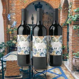 Fall Leaves Autumn Floral Blue Modern Wedding Wine Label
