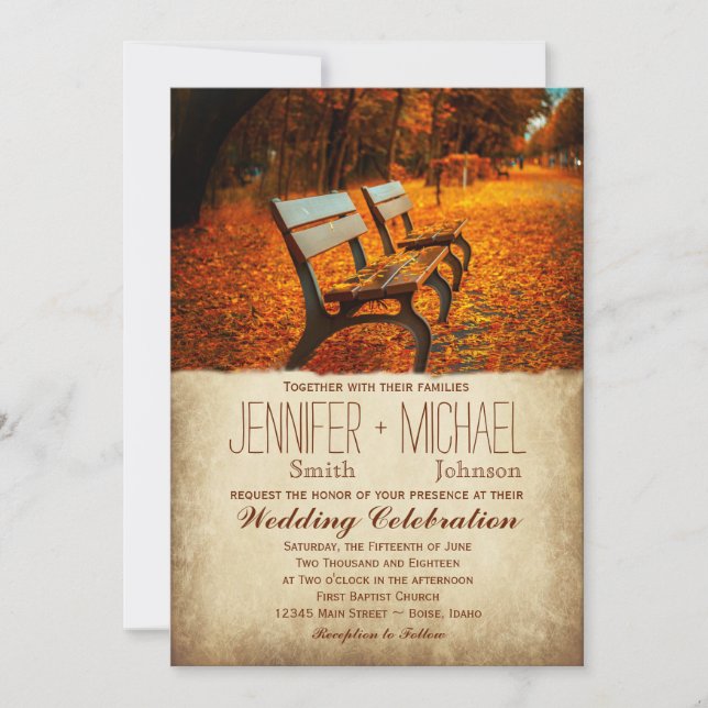 Fall Leaves Autumn Park Bench Wedding Invitations (Front)
