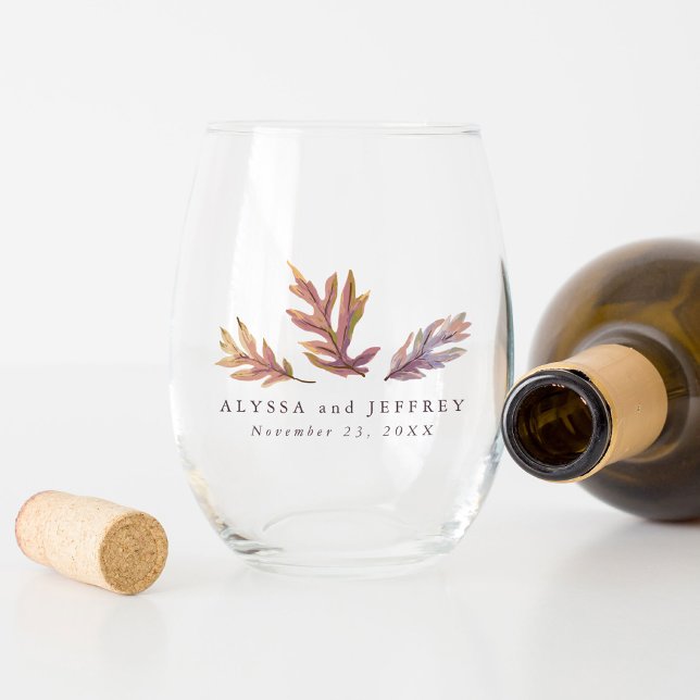 Fall leaves autumn wedding beautiful personalised stemless wine glass (Creator Uploaded)