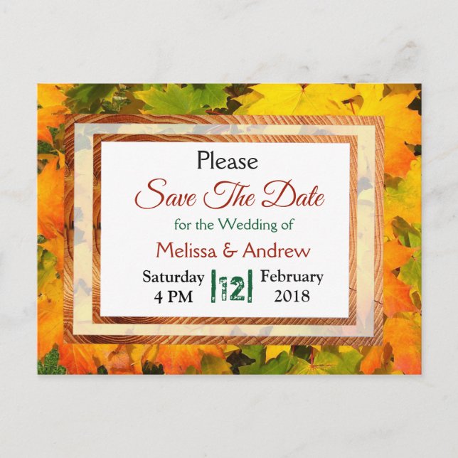 Fall Leaves Autumn Wedding Save the Date Announcement Postcard (Front)