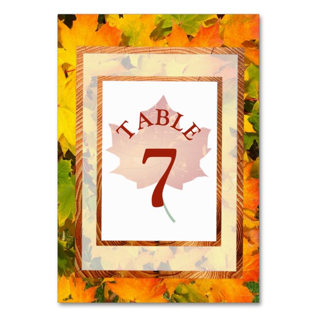 Fall Leaves Autumn Wedding Table Number Card (Front)