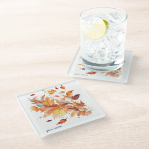 Fall leaves blown in the wind, customisable  glass coaster