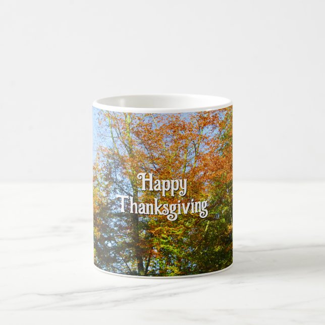 Fall Leaves Blue Sky  - Personalized Thanksgiving Coffee Mug (Center)