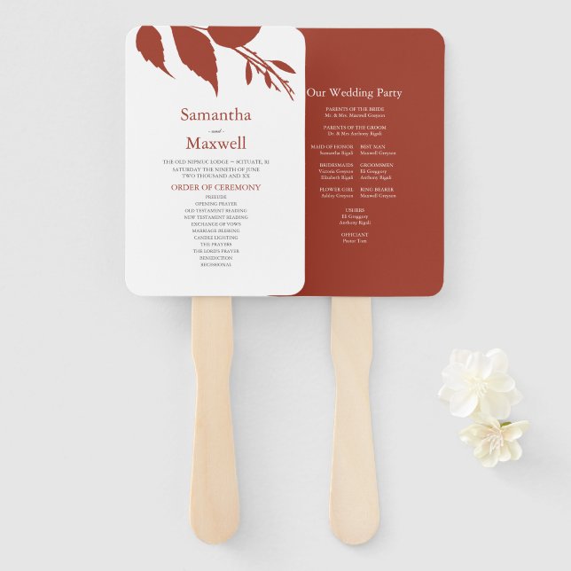 Fall Leaves Burnt Orange Wedding Hand Fan (Front and Back)