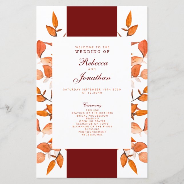 Fall Leaves Burnt Orange Wedding Program (Front)