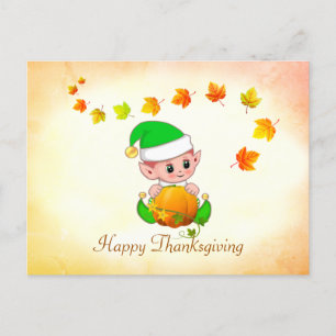 Fall Leaves & Cute Elf Thanksgiving Postcard