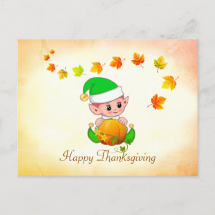 Fall Leaves & Cute Elf Thanksgiving Postcard