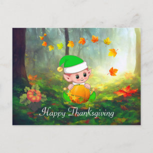 Fall Leaves & Cute Elf Thanksgiving Postcard