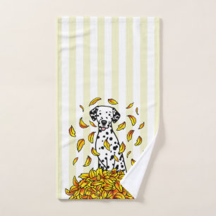 Fall Leaves Dalmatian (black 1) Dog Playing Cute Bath Towel Set