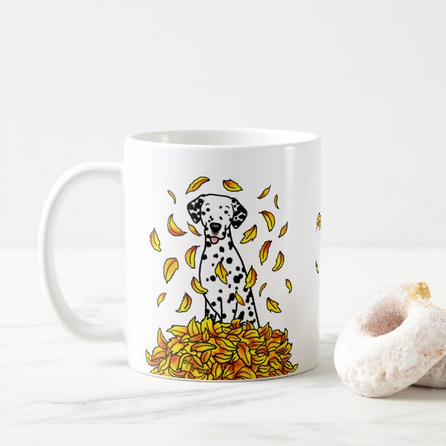 Fall Leaves Dalmatian (black 1) Dog Playing Cute Coffee Mug (With Donut)