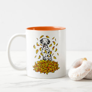 Fall Leaves Dalmatian (black 1) Dog Playing Cute Two-Tone Coffee Mug