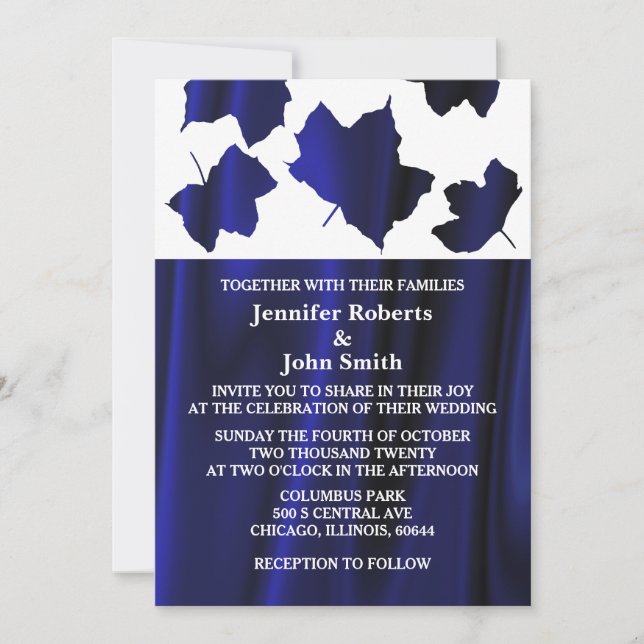 Fall Leaves Deep Blue Satin White Unique Wedding Invitation (Front)