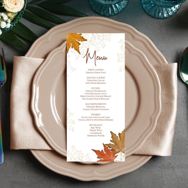 Fall Leaves Elegant Wedding Custom Menu (Wedding menu card with watercolor leaves.)