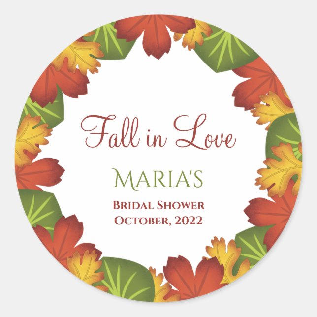 Fall Leaves Fall in Love Bridal Shower  Classic Round Sticker (Front)