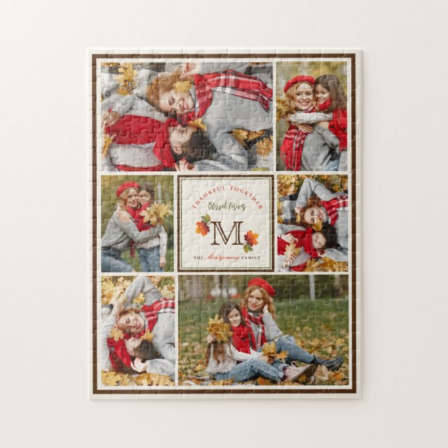 Fall Leaves Family Monogram 6 Photo Thanksgiving Jigsaw Puzzle (Vertical)