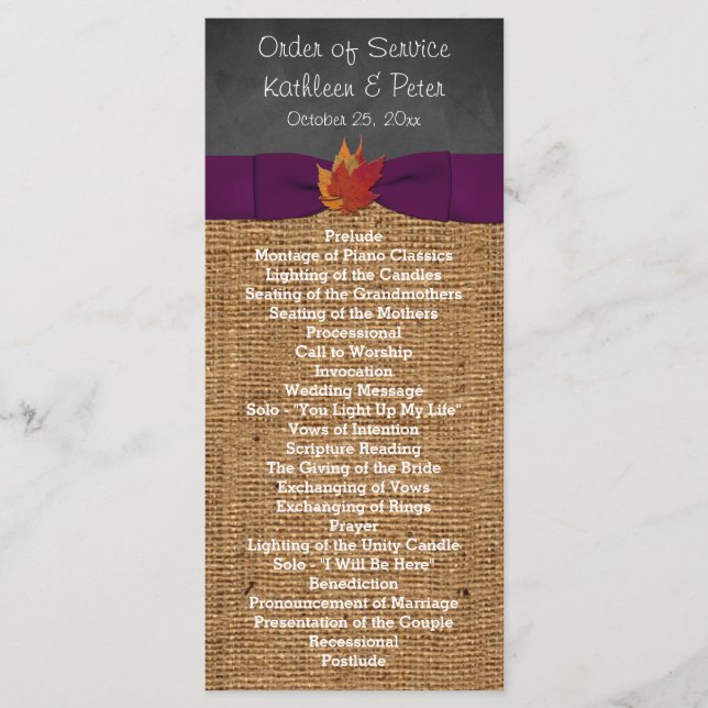 Fall Leaves FAUX Burlap Chalkboard Wedding Program Programme (Front)