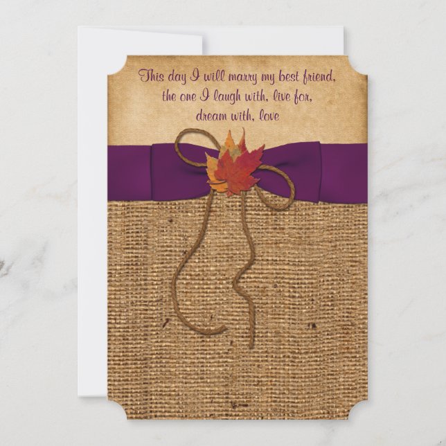 Fall Leaves FAUX Burlap, Wedding Invite - Purple (Front)