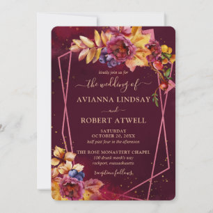 Fall Leaves Flowers and Berries Burgundy Wedding Invitation