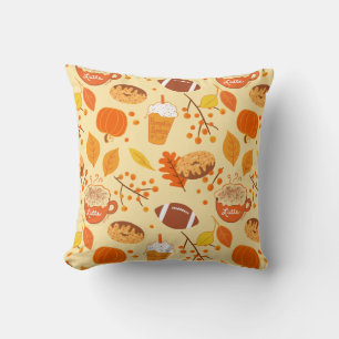 Fall Leaves Football and Pumpkin Spice Pattern Cushion