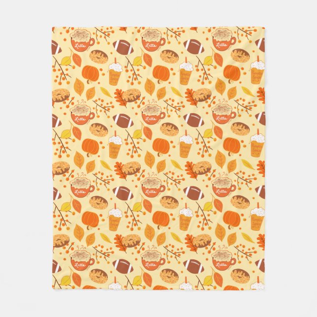 Fall Leaves Football and Pumpkin Spice Pattern Fleece Blanket (Front)