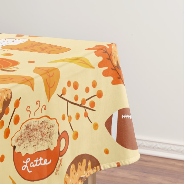 Fall Leaves Football and Pumpkin Spice Pattern Tablecloth (In Situ)