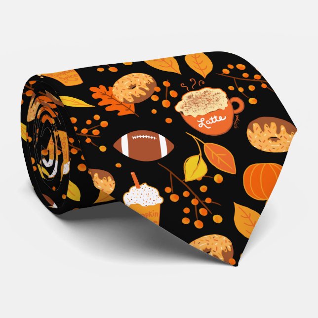 Fall Leaves Football and Pumpkin Spice Pattern Tie (Rolled)