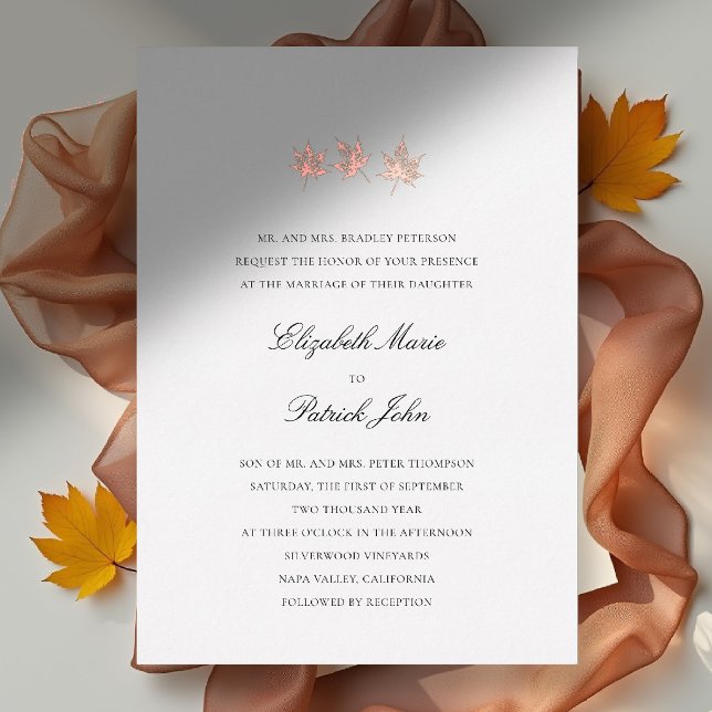 Fall Leaves Formal Modern Classic White Wedding (fall leaves wedding invitation formal modern classic black tie autumn botanical gold foil white)