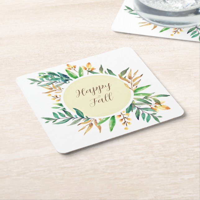 Fall leaves frame with customisable text  square paper coaster (Angled)