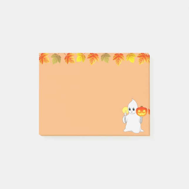 Fall Leaves, Ghost, Pumpkin & Candle on Orange Post-it Notes (Front)