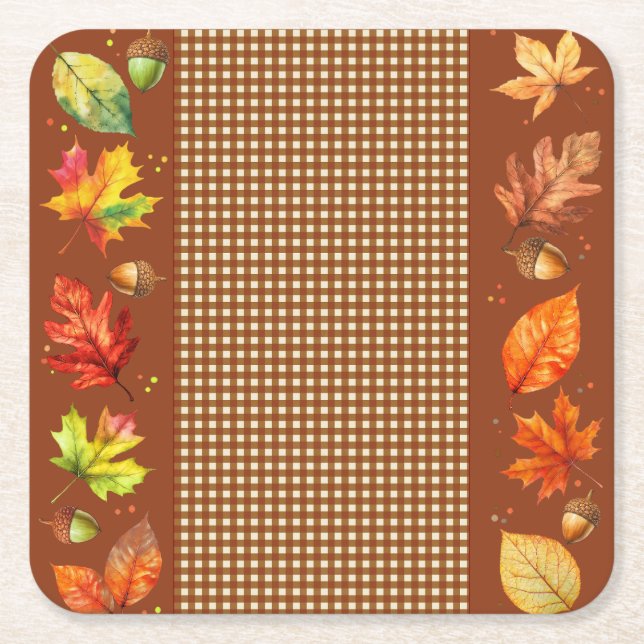 Fall Leaves & Gingham Square Paper Coaster (Front)