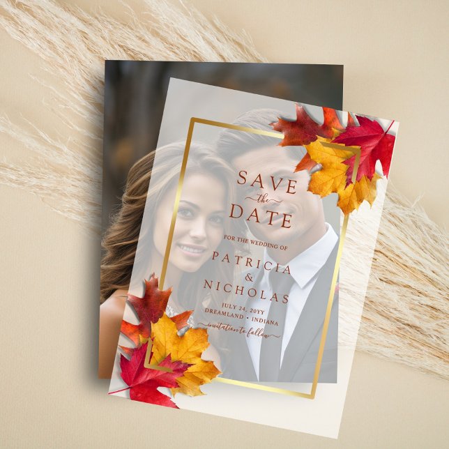Fall Leaves Golden Frame Wedding Save the Date  Vellum Invitations (Creator Uploaded)