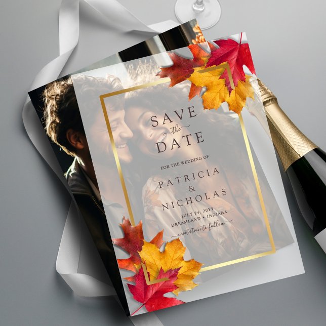Fall Leaves Golden Frame Wedding Save the Date  Vellum Invitations (Creator Uploaded)