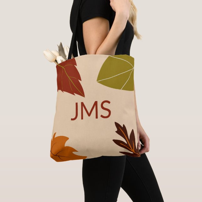 Fall Leaves Green Brown and Orange Monogram Tote Bag (Close Up)