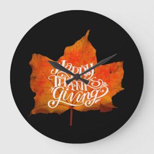 FALL LEAVES  HAPPY THANKSGIVING DAY LARGE CLOCK