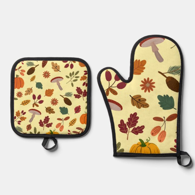 Fall Leaves & Harvest Pattern Oven Mitt & Pot Holder Set (Front)