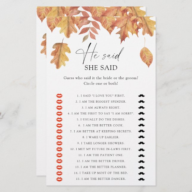 Fall leaves - He said she said bridal shower game (Front/Back)