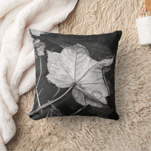 Fall Leaves in a Pond Black and White Cotton Cushion