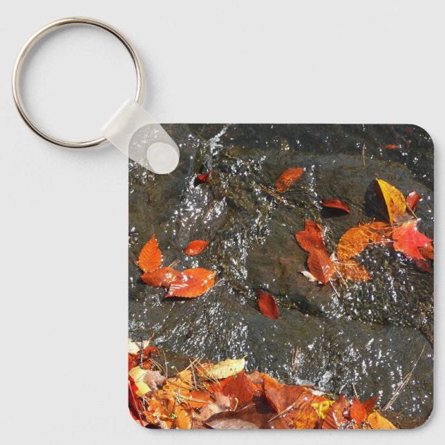 Fall Leaves in Waterfall I Autumn Photography Key Ring (Front)