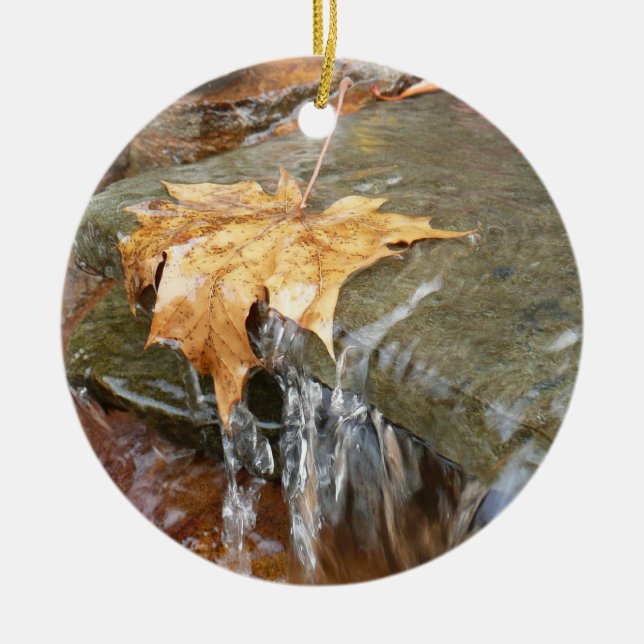 Fall Leaves in Waterfall II Autumn Photography Ceramic Tree Decoration (Front)