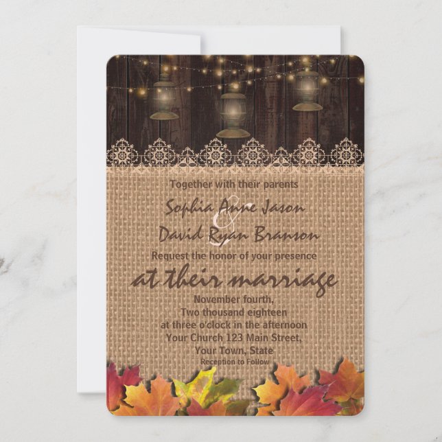 Fall Leaves Lace Burlap Wood Wedding Invite (Front)