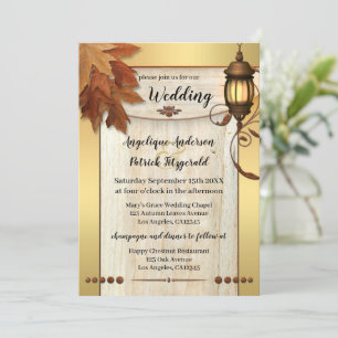 Fall Leaves Lantern Light Gold Wedding Invitation