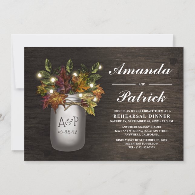 Fall Leaves Mason Jar Rehearsal Dinner Invitations (Front)